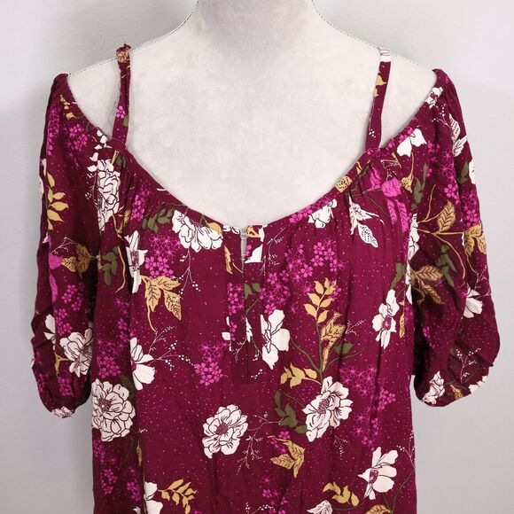 Torrid Top Plus Size 1X Plum White Floral Off Shoulder Spaghetti Straps Blouse - Picture 7 of 13